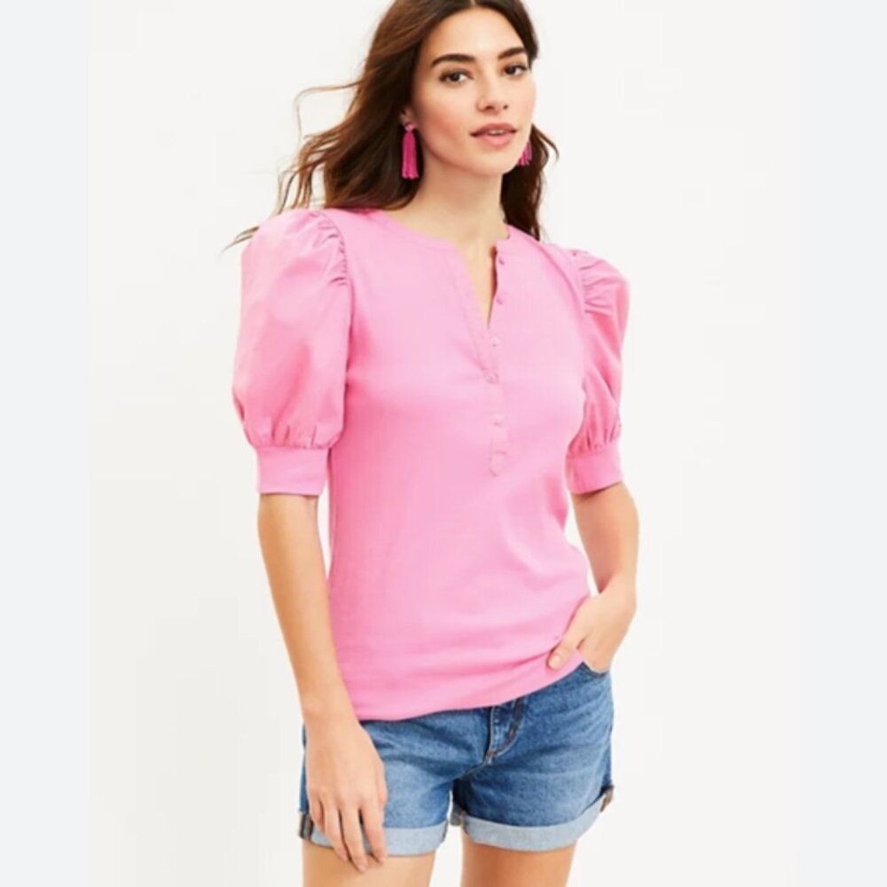 🌷 Ann Taylor LOFT Puff Sleeve Mixed Media Tee‎ – Pink (NEW WITH TAG)🌷